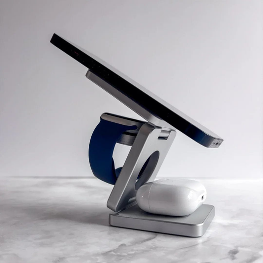 MagCharge™ 3-in-1 Wireless Charging Station - Silver magnetic dock.